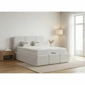 Set pat + Saltea Gratis tapițat Torra 200x200 cm crem cu somieră rabatabilă si  ladă depozitare
