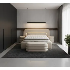 Set pat + Saltea Gratis ,tapițat Tosco 140x200 cm crem cu somieră rabatabilă si ladă depozitare