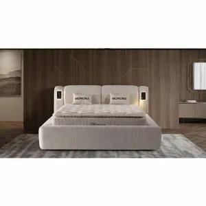 Set pat +Saltea Gratis , tapițat Monora 180x200 cm crem cu somieră rabatabilă si  ladă depozitare