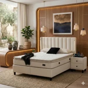 Pat +Saltea Gratis Parma, bej - 160x200 cm stofa