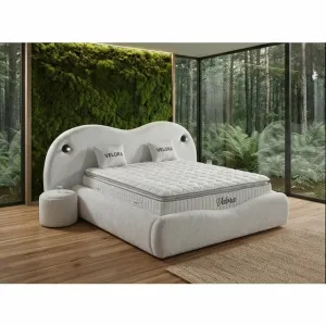 Set pat +Saltea Gratuita ,tapițat Velora 200x200 cm crem cu somieră rabatabilă, ladă depozitare și saltea inclusă