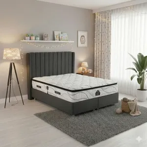 Pat tapițat +Saltea Gratis Epson, gri - 160x200 cm, cu somieră rabatabilă si ladă de depozitare