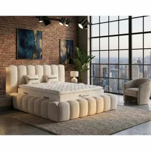 Set pat +Saltea Gratis ,tapițat Madonna 200x200 cm crem cu somieră rabatabilă si ladă depozitare