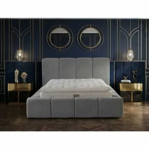 Set pat tapițat Meram 140x200 cm gri cu somieră rabatabilă, ladă depozitare și saltea inclusă
