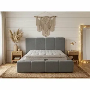 Set pat tapițat Meram 180x200 cm gri cu somieră rabatabilă, ladă depozitare și saltea inclusă