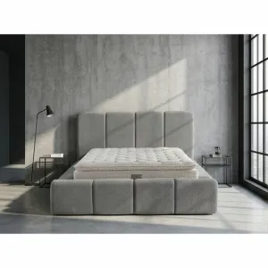 Set pat tapițat Meram 200x200 cm gri cu somieră rabatabilă, ladă depozitare și saltea inclusă