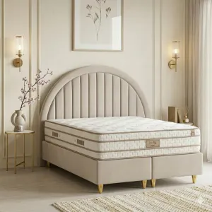 Set pat +Saltea Gratis  tapițat Moon 160x200 cm crem cu somieră rabatabilă  si ladă depozitare