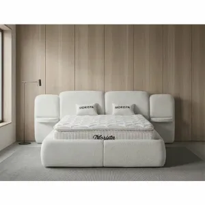 Set pat tapițat Morista 160x200 cm crem cu somieră rabatabilă, saltea si ladă depozitare inclusă