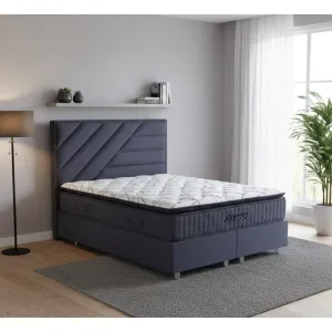 Set pat tapițat Rixos 160x200 cm gri cu somieră rabatabilă, ladă depozitare și saltea inclusă