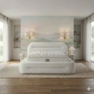 Set pat+ Saltea gratis Omega - 200x200 cm, bej, cu somiera raatabila si lada de depozitare