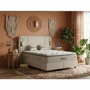 Set pat+ Saltea Gratis  tapițat Nevara 180x200 cm crem cu somieră rabatabilă si ladă depozitare