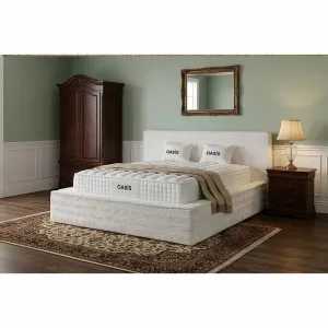Set pat+ Saltea Gratis  tapițat OASIS 140x200 cm crem cu somieră rabatabilă si ladă depozitare