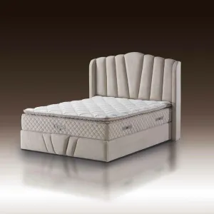 Set pat+ Saltea Gratis , tapițat Vega 160x200 cm crem cu somieră rabatabilă si ladă depozitare