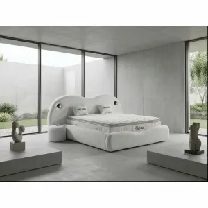 Set pat+ Saltea Gratis tapițat Velora 160x200 cm crem cu somieră rabatabilă, ladă depozitare