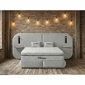 Set pat+ Saltea Gratis tapițat Vivara 200x200 cm crem cu somieră rabatabilă, ladă depozitare și saltea inclusă