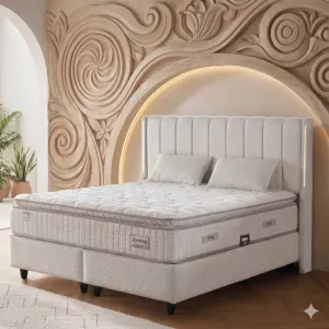 Set Pat+Saltea gratis Lightberry, crem - 160/200 cm, culoare personalizabila, cu somiera rabatabila si lada de depozitare