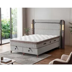 Set pat+saltea gratis Macon-160x200 cm, culori personalizabile, somiera rabatabila si lada de depozitare maro-bej
