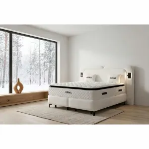Set pat+Saltea Gratis tapițat Orina 160x200 cm crem Erato 01 cu somieră rabatabilă si  ladă depozitare