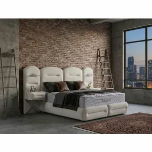 Set pat+Saltea Gratis tapițat Vizyon XXL  140x200 cm crem cu somieră rabatabilă, ladă depozitare