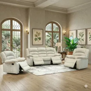 Set recliner Relax 3+1+1, canapea și două fotolii cu funcție de relaxare, tapițerie catifelată, bej