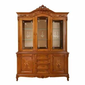 Vitrină 3 uși Principesa cu spate oglindă, design rafinat, lemn masiv paltin + MDF furniruit, 177x43x158 cm, nuc