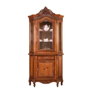Set vitrină și bufet colț Milly din lemn masiv fag, panel și MDF, furniruit cu furnir de nuc, 103x55x135 cm