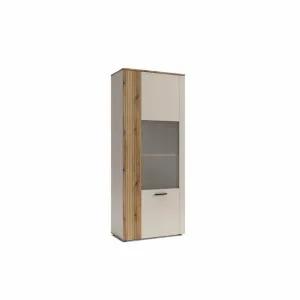 Vitrină Înaltă Frezo FR07, 1 Ușă cu Geam, Beige/Stejar Natur, Riflaje Moderne, 60 cm