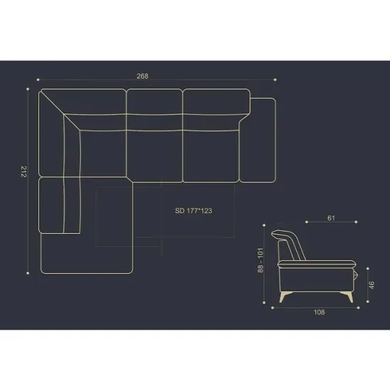 Colțar extensibil Lora, culoare personalizabila - 268x212 cm, tetiere rabatabile, cadru lemn esență tare și PAL, arcuri sinusoidale și poliuretan, picioare metalice H 12,3 cm picture - 9
