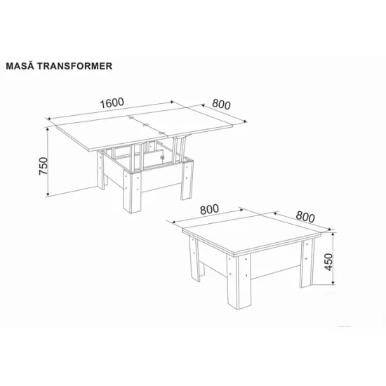 Masă Transformer Catania, 80-160 x 80-45 x 80x75 cm extensibilă cu sistem de înălțare, PAL melaminat picture - 3