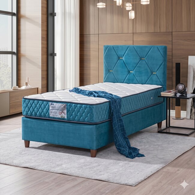 Saltea Yakut, albastra- 100x200 cm, arcuri individuale, confort ortopedic, fibre bambus