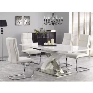 Masă Sandor 2 extensibilă, sticlă securizată, MDF lucios, oțel inoxidabil, 160-220x90x78 cm, alb