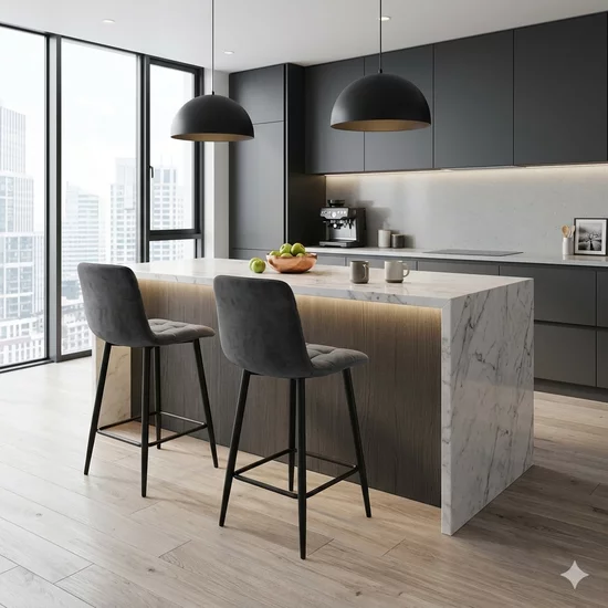 Scaun de bar Velvet, catifea premium cu structură metalică, 45x47x88 cm, gri picture - 2
