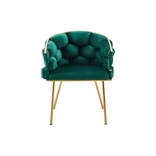 Scaun living tapițat COZY, catifea verde picioare metalice aurii