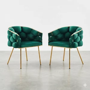 Set 2 Scaune living tapițat COZY, catifea verde picioare metalice aurii