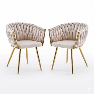 Set 2 Scaune tapitate Chic, culoare Bej cu picioare aurii