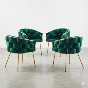 Set 4 Scaune living tapițat COZY, catifea verde picioare metalice aurii
