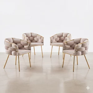 Set 4 Scaune living tapițate COZY, catifea bej, picioare metalice aurii