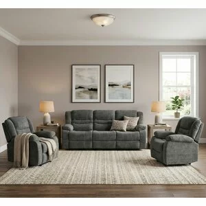 Set canapea recliner Relax 3+1+1, canapea și două fotolii cu funcție de relaxare, tapițerie catifelată, gri