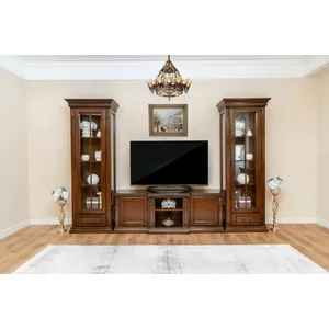 Set comodă + 2 vitrine Plasma Diana, ansamblu living, masiv fag + panel + MDF furniruit nuc, 314x201 h cm, finisaj la alegere