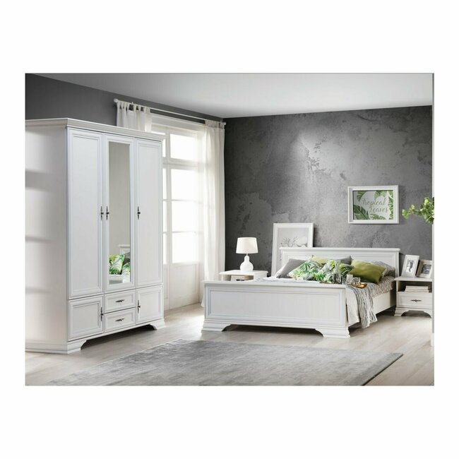 Set dormitor Idento 2 alb alpin, pat 160x200 cm, dulap 3 uși, 2 noptiere, PAL melaminat și MDF, stil clasic