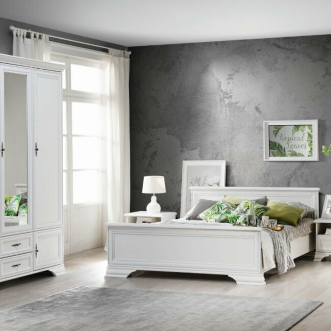 Set dormitor Idento 2 alb alpin, pat 160x200 cm, dulap 3 uși, 2 noptiere, PAL melaminat și MDF, stil clasic