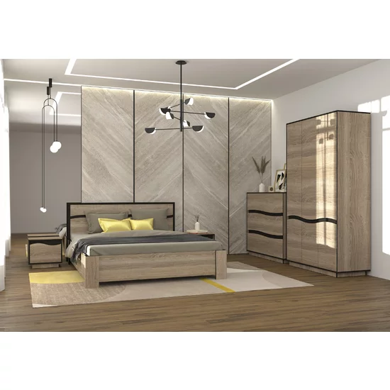 Set Dormitor Geneva, Cu Pat 160x200, Dulap 3 Uși, Comodă Și Noptiere, PAL Laminat, Sonoma Trufă/Wenge Magia picture - 2