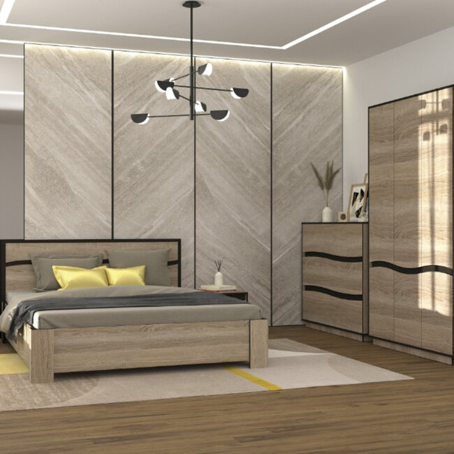 Set Dormitor Geneva, Cu Pat 160x200, Dulap 3 Uși, Comodă Și Noptiere, PAL Laminat, Sonoma Trufă/Wenge Magia