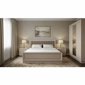 Set dormitor Largo 4 componente pat tapitat lux 160x200 cm, dulap 3 usi SZF3D, 2 noptiere KOM1S culoare cashmire