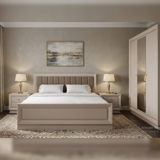 Set dormitor Largo 4 componente pat tapitat lux 160x200 cm, dulap 3 usi SZF3D, 2 noptiere KOM1S culoare cashmire