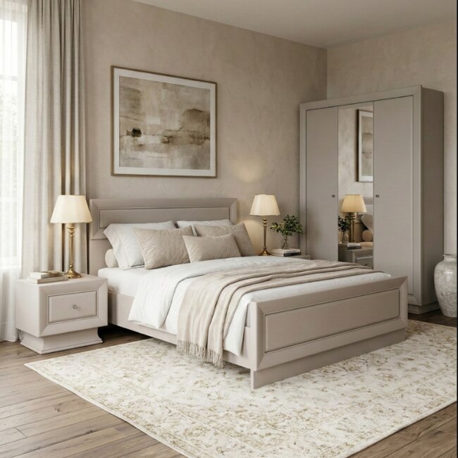 Set dormitor Largo 4 componente pat simplu 160x200 cm, dulap 3 usi SZF3D, 2 noptiere KOM1S culoare cashmire