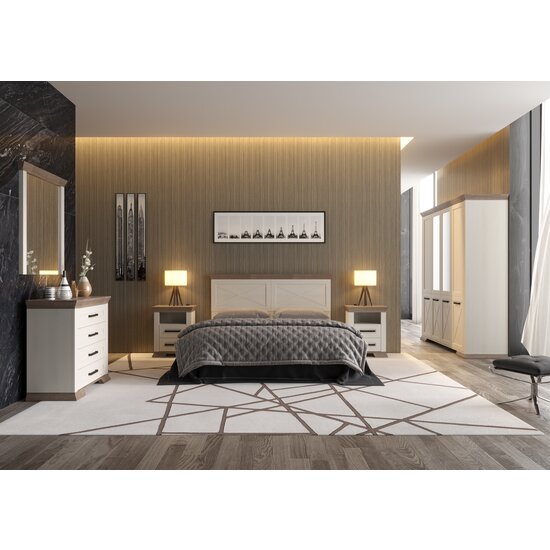 Dormitor Marsel, Set Mobilier Minimalist, MDF și Plăci Fibrolemnoase, 160x200 cm, Alb Frasin și Stejar Sonoma picture - 2