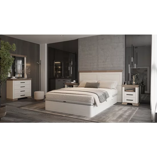 Dormitor Marsel, Set Mobilier Minimalist, MDF și Plăci Fibrolemnoase, 160x200 cm, Alb Frasin și Stejar Sonoma picture - 5