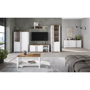 Set living Helix 1, vitrină, comodă TV și spații depozitare multiple, PAL melaminat de calitate, alb/stejar, design modern