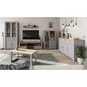 Set living Latour, vitrine, comodă TV și etajere incluse, PAL melaminat rezistent, design elegant, stejar/gri mat